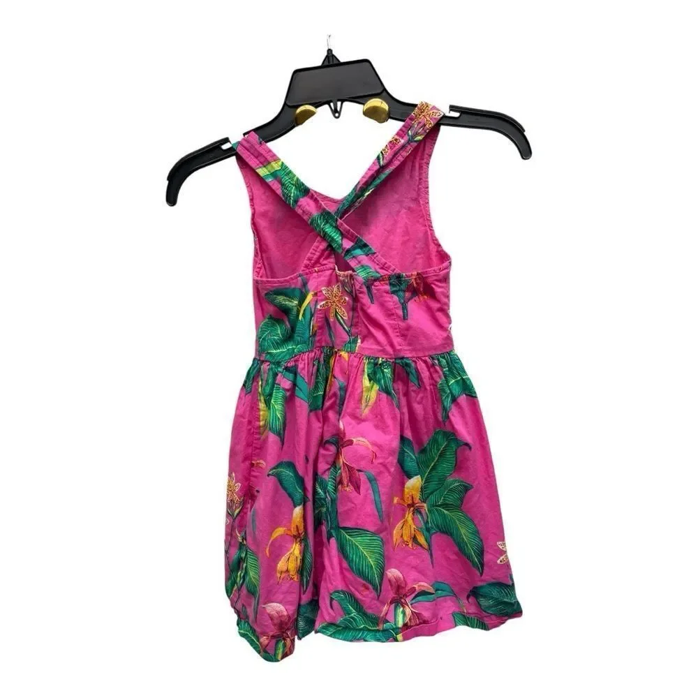 Gap Kids Girls Size S Tropical Pink Criss Cross Back Dress with Green Leaf Print